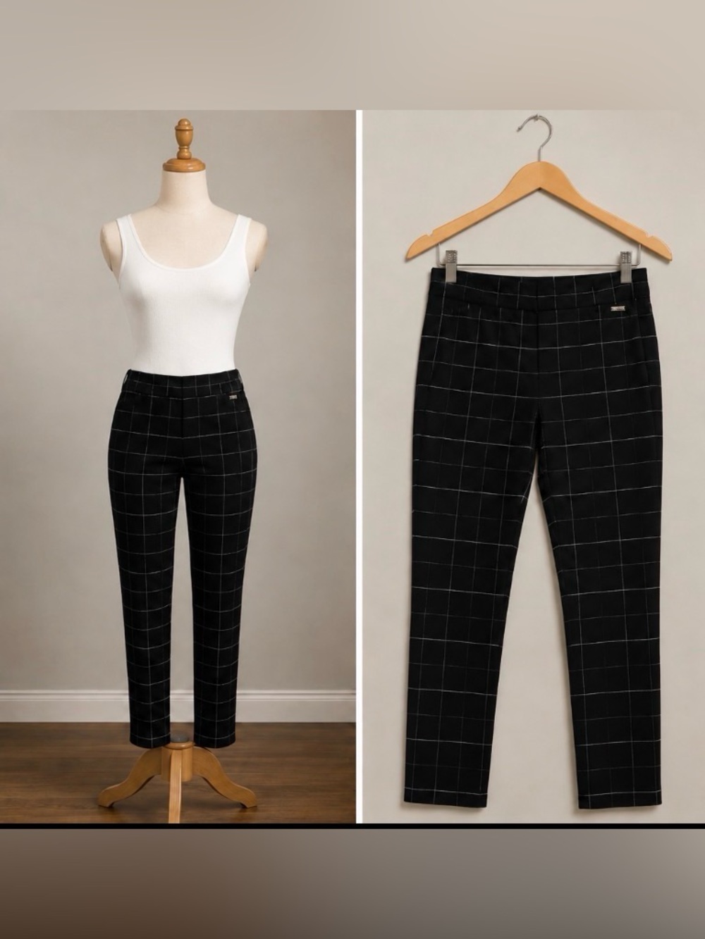 Calvin Klein Black Windowpane Plaid Slim Ankle Pants Size 8 Career Office